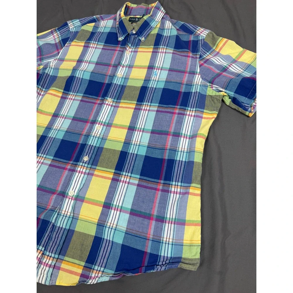 Polo Ralph Lauren Mens Large Custom Fit Plaid S/S Button Down Shirt Blue